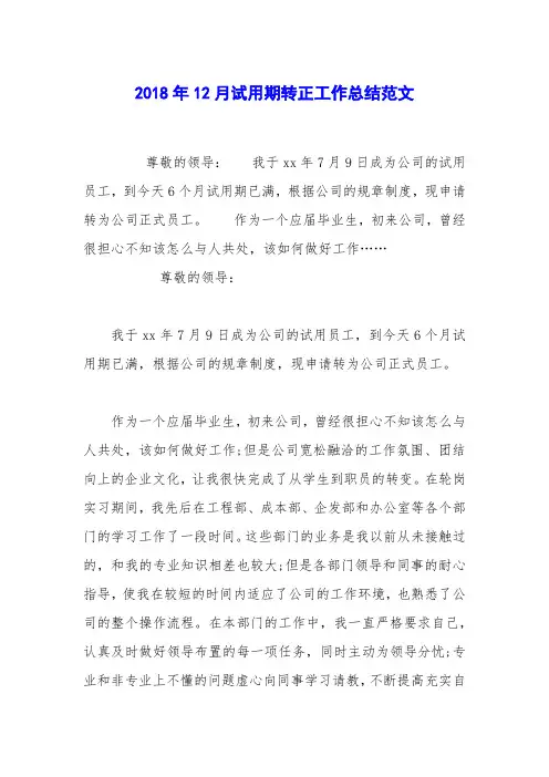 2018年12月试用期转正工作总结范文