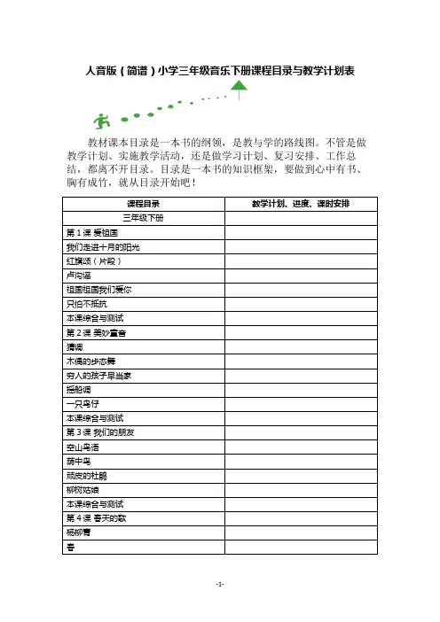 人音版(简谱)小学三年级音乐下册课程目录与教学计划表