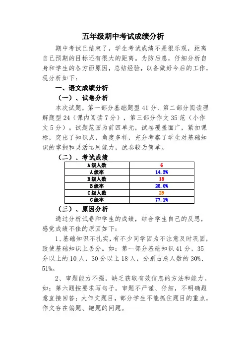 五年级期中考试教学成绩分析