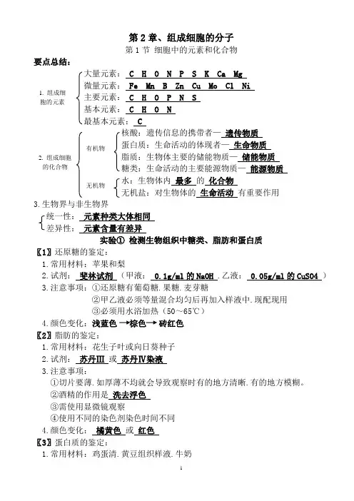 高中生物必修一第2章、组成细胞的分子知识总结