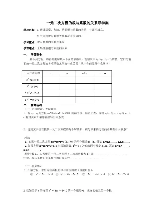 一元二次方程的根与系数的关系导学案