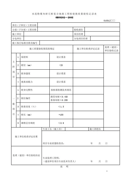 水泥粉煤灰碎石桩复合地基工程检验批质量验收记录表