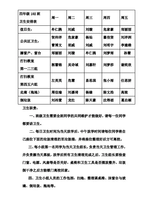 班级卫生安排表