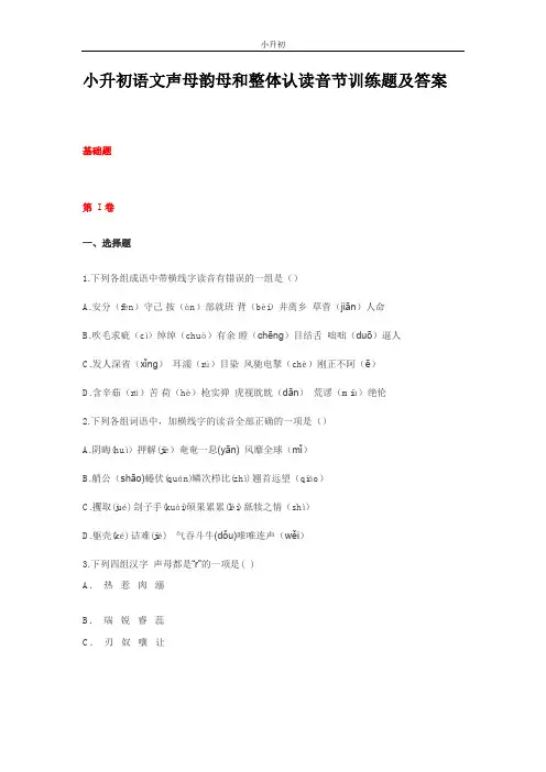 小升初语文声母韵母和整体认读音节训练题及答案