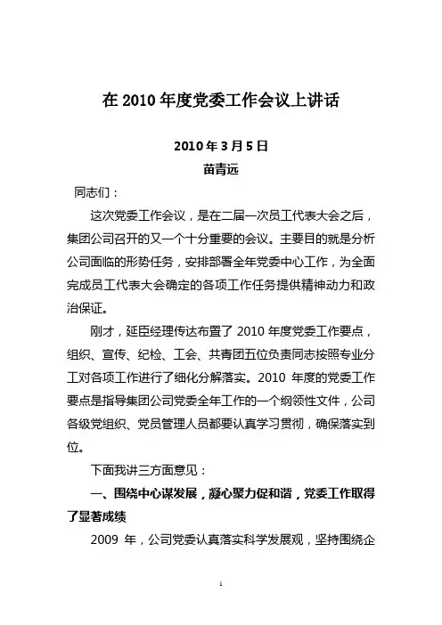 在2010年度党委工作会议上讲话
