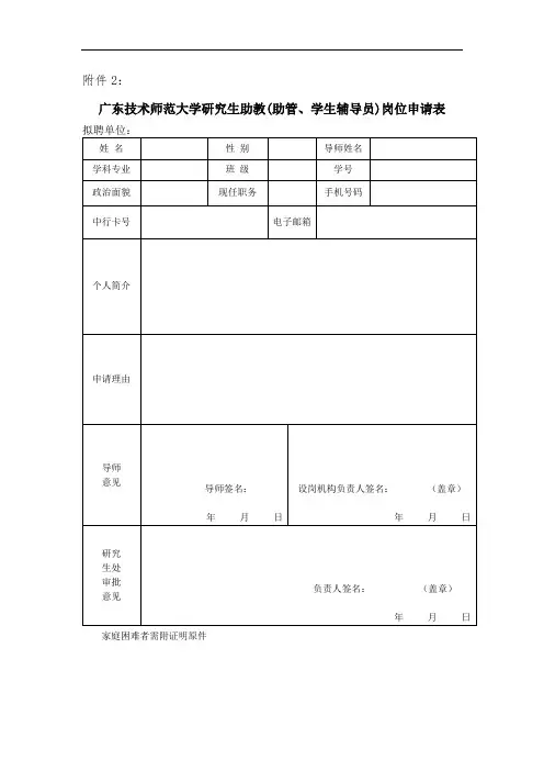 广东技术师范大学研究生“三助一辅”岗位申请表