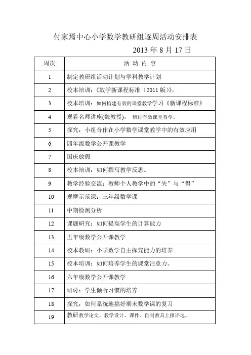 小学数学教研组逐周活动安排表