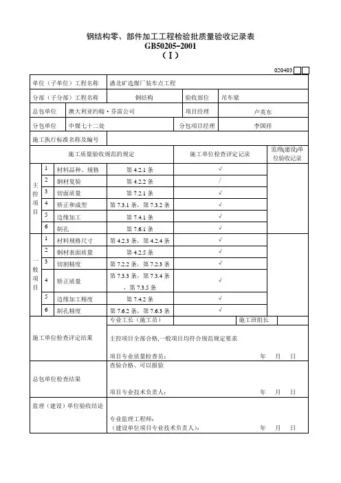 钢结构零、部件加工工程检验批质量验收记录表