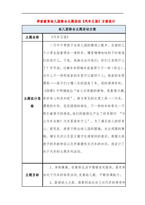 学前教育幼儿园综合主题活动《汽车王国》方案设计