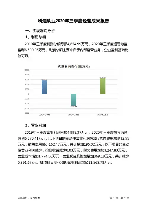 科迪乳业2020年三季度经营成果报告