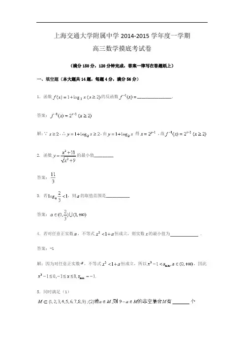上海交通大学附属中学2015届高三上学期摸底考试数学试题 Word版含答案