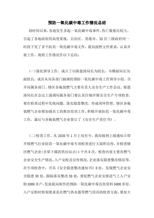 预防一氧化碳中毒工作情况总结