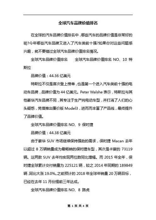 全球汽车品牌价值排名