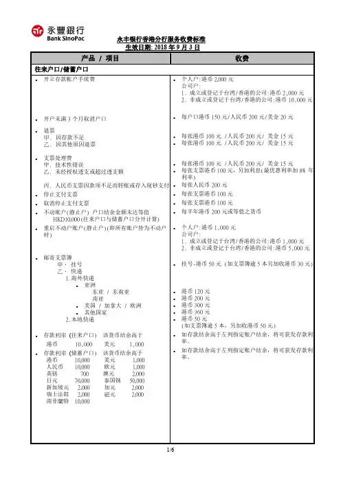 永丰银行香港分行服务收费标准