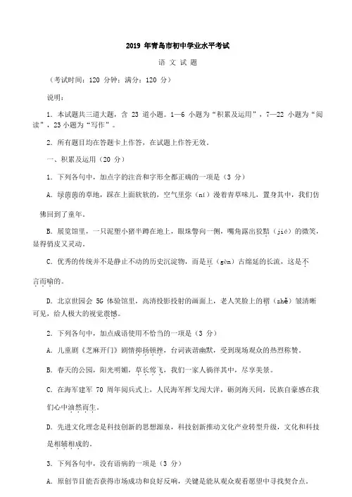 2019年青岛市初中学业水平考试语文试题(无答案)