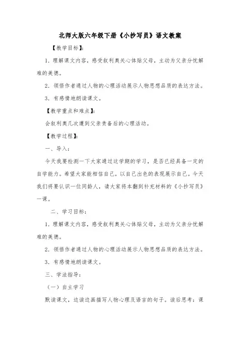 北师大版六年级下册《小抄写员》语文教案