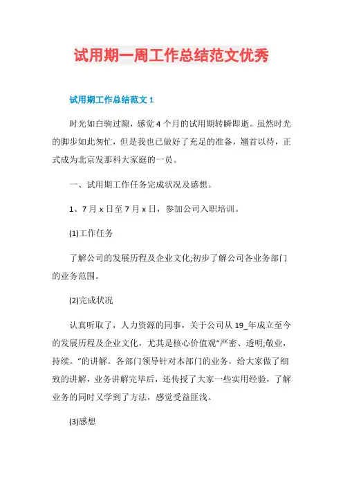 试用期一周工作总结范文优秀
