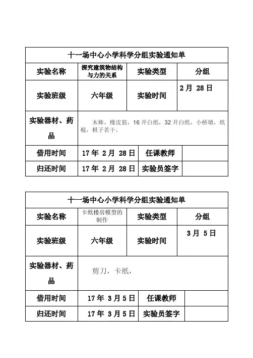 2017-2018第一学期六年级科学分组实验通知单实验-