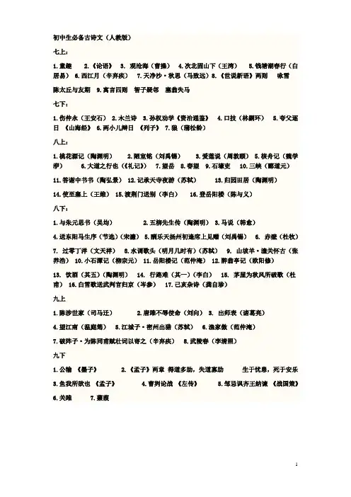 初中生必背古诗文目录(人教版)