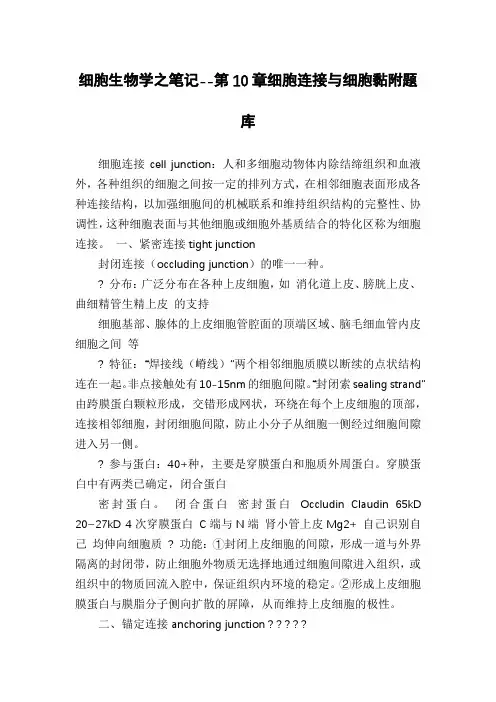 细胞生物学之笔记--第10章细胞连接与细胞黏附题库