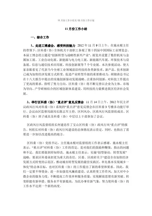 11月份工作小结及12月份工作计划