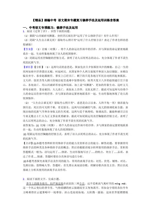 【精品】部编中考 语文期末专题复习修辞手法及运用训练含答案
