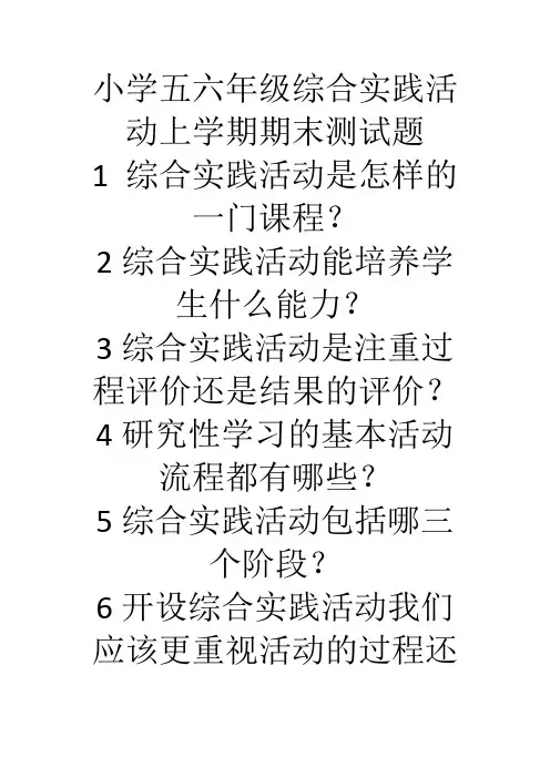 小学五六年级综合实践活动上学期期末测试题