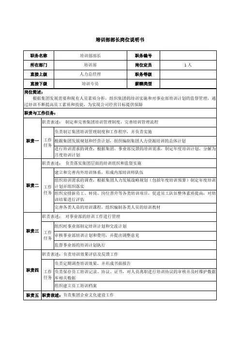 培训部部长岗位说明书