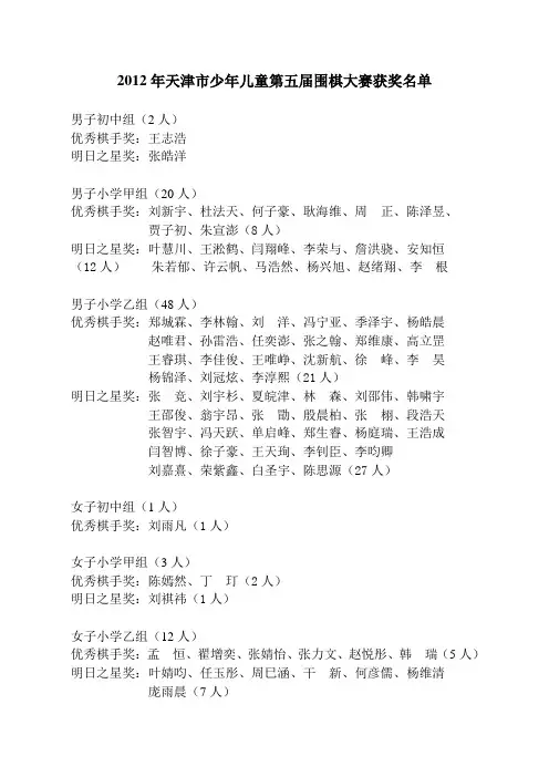 2012年天津市少年儿童第五届围棋大赛获奖名单
