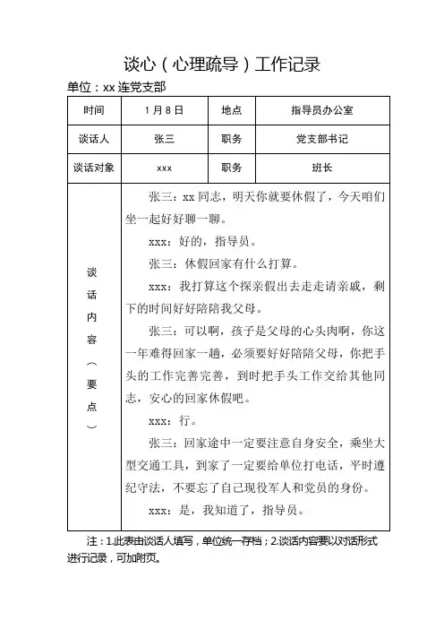 部队谈心谈话心理疏导记录1
