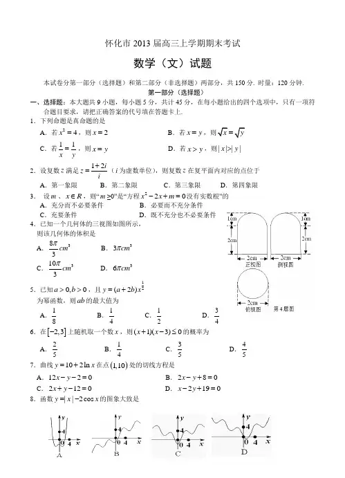 湖南省怀化市2013届高三上学期期末考试数学(文)