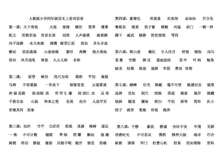 人教版四年级语文上册词语汇总表