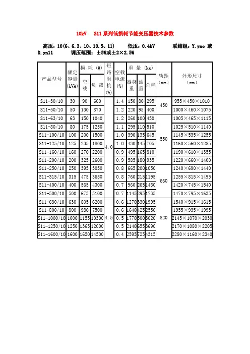 S11变压器型号参数