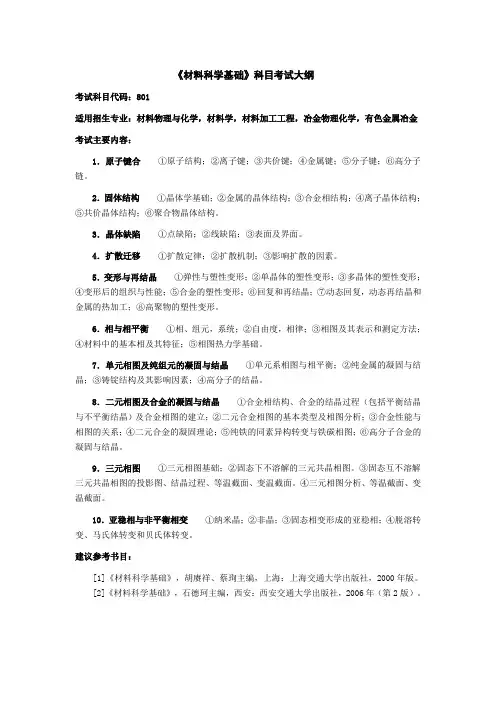 材料科学基础考研考试大纲