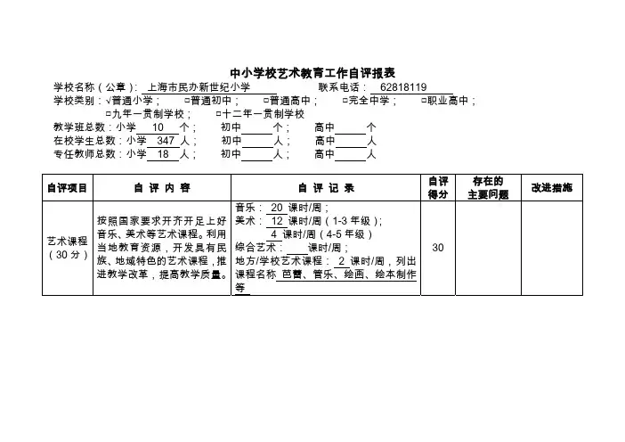 中小学校艺术教育工作自评报表