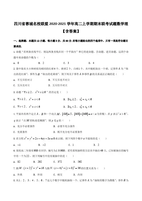 四川省蓉城名校联盟2020-2021学年高二上学期期末联考试题数学理【含答案】