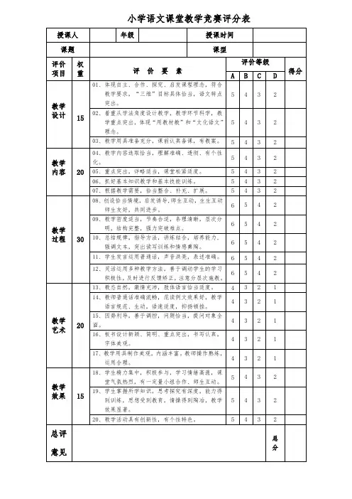小学语文课堂教学竞赛评分表