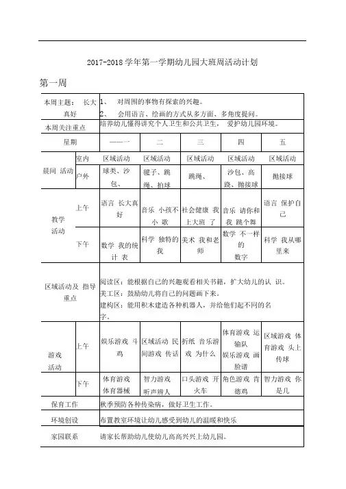 大班周计划表