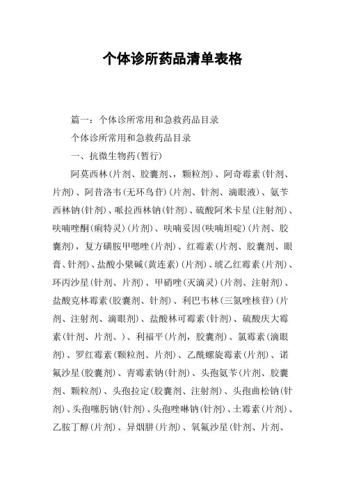 个体诊所药品清单表格