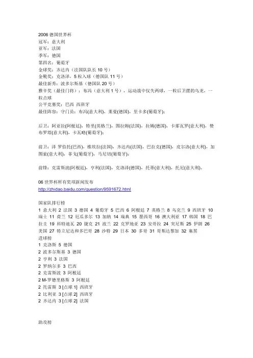 2006世界杯排名