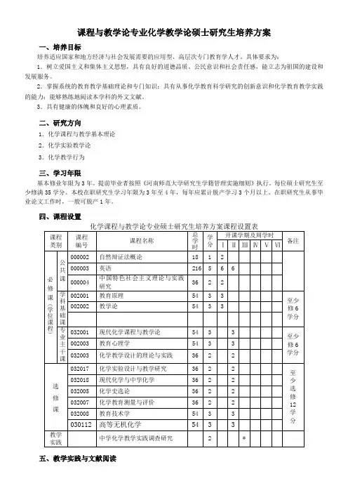 课程与教学论专业化学教学论硕士研究生培养方案