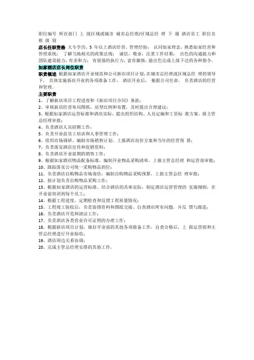 如家酒店店长岗位职责