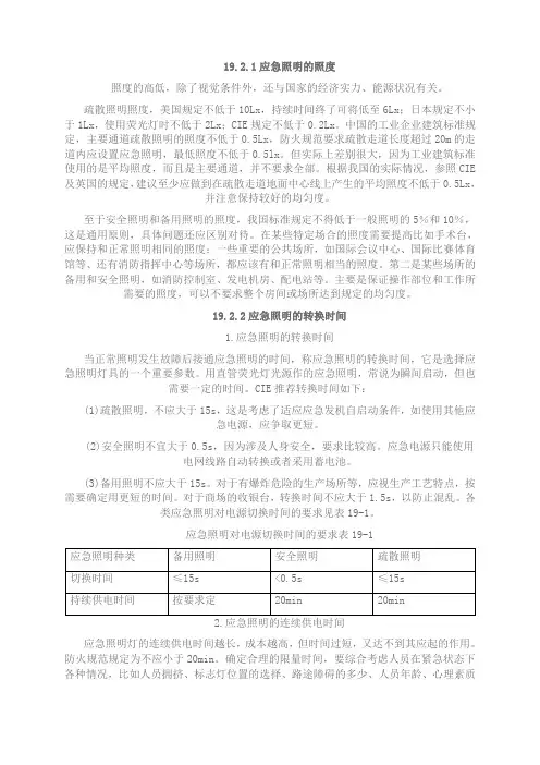 消防应急照明中对各处的照度要求 2