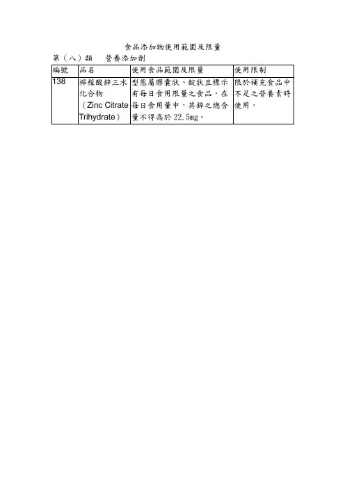 柠檬酸锌三水化合物使用范围及限量暨规格标准
