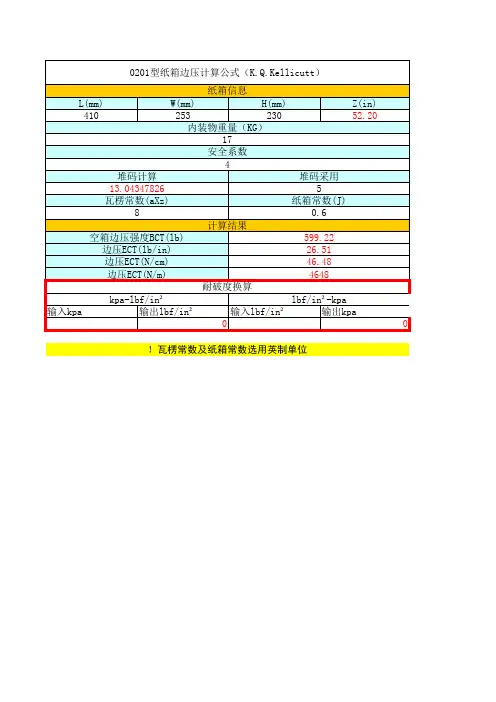 0201型纸箱凯利卡特边压计算公式(K.Q.Kellicutt)