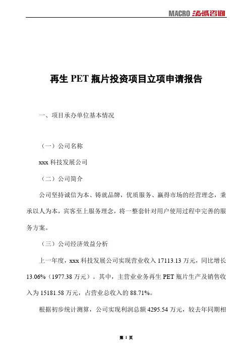 再生PET瓶片投资项目立项申请报告
