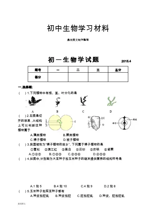 鲁科版五四制生物六下生物期中考试试题