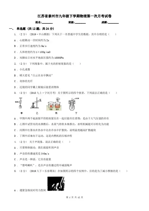 江苏省泰州市九年级下学期物理第一次月考试卷