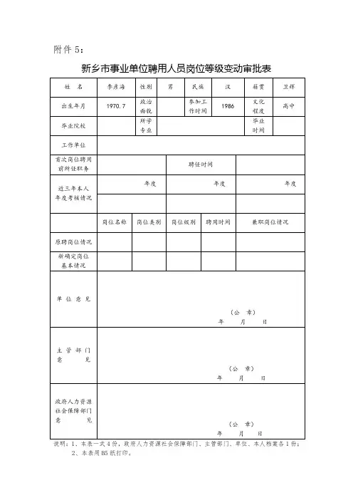事业单位聘用人员岗位等级变动审批表
