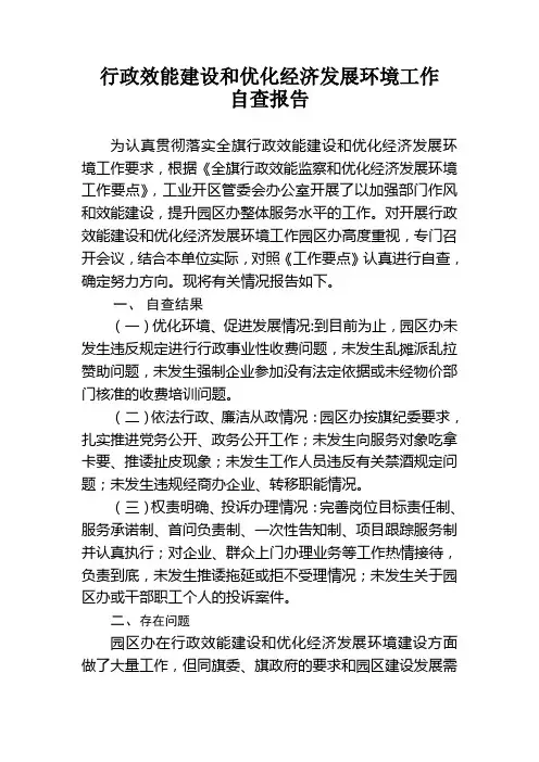 关于优化发展环境暨行政效能建设自查报告